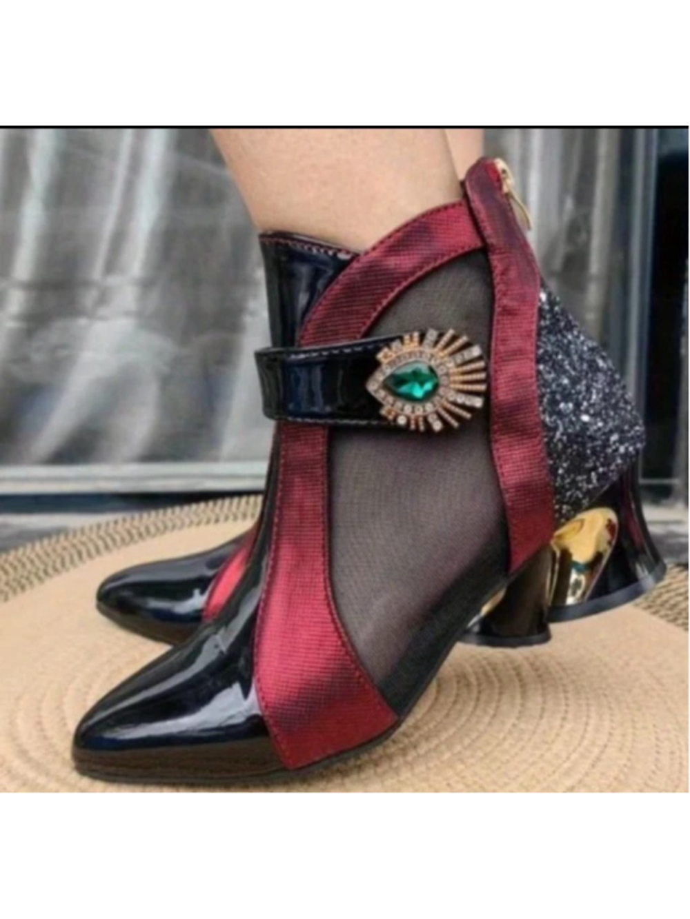 French Heel Boots Black Burgundy Patent Leather Mesh Pointed Toe Size 40